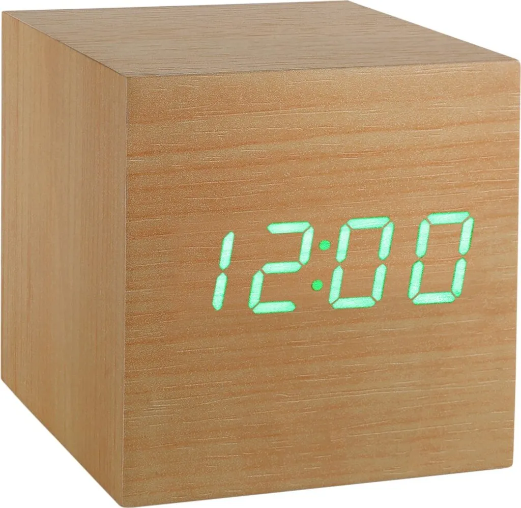 Réveil bois hêtre Cube Click Gingko avec capteur sonore et LED vert fluo