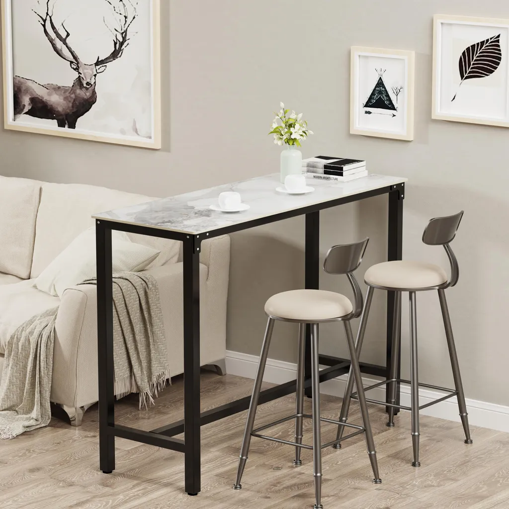 Table de bistrot en marbre blanc émeraude et métal noir 120x40x105 cm