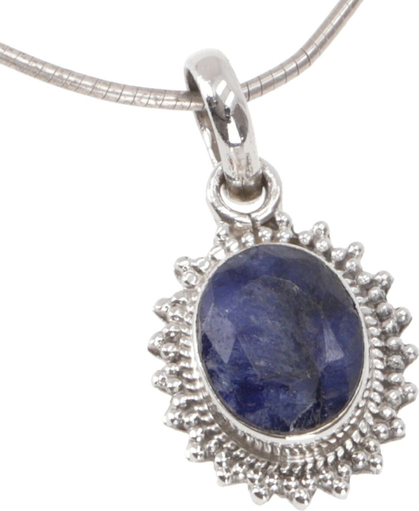 Ovaler, Verzierter Boho Silberanhänger, Indischer Kettenanhänger aus Silber - Saphir, Blau, SterlingSilber, 2*1,5 cm, Anhänger & Amulette aus Si...