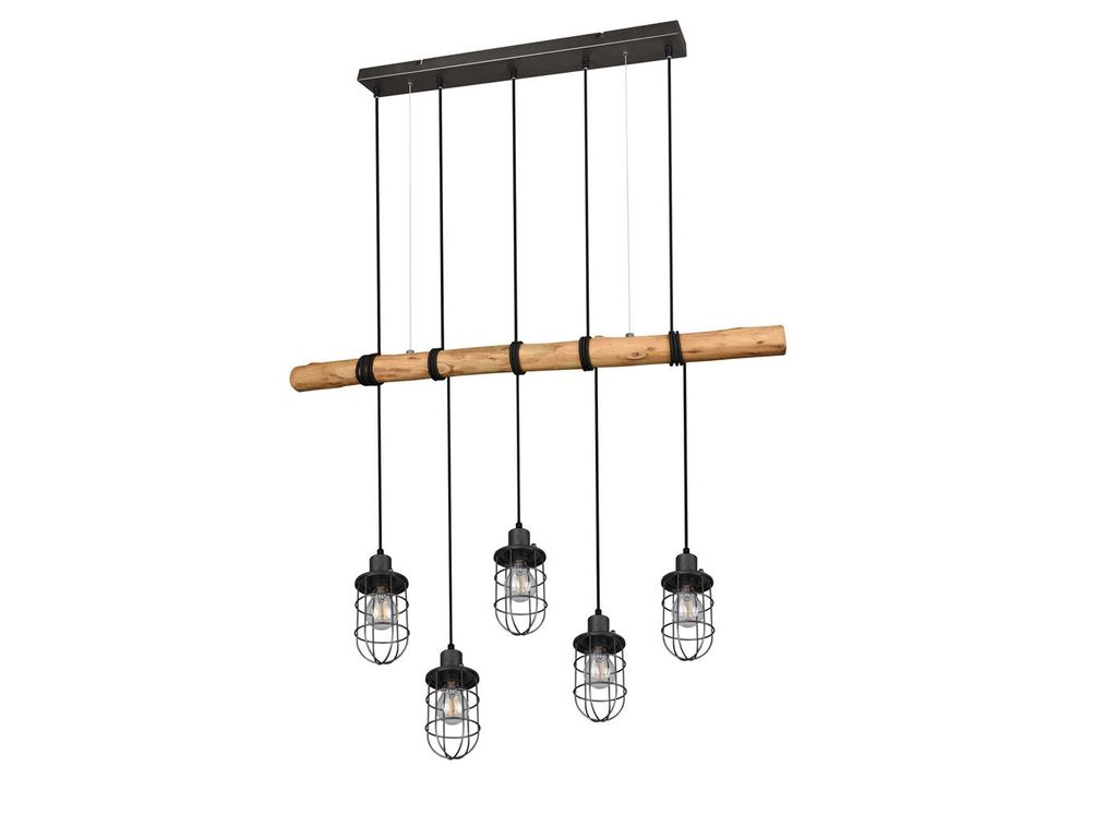 Ausgefallene Vintage Gitter Pendelleuchte 5 flammig antik mit Holzbalken 100cm