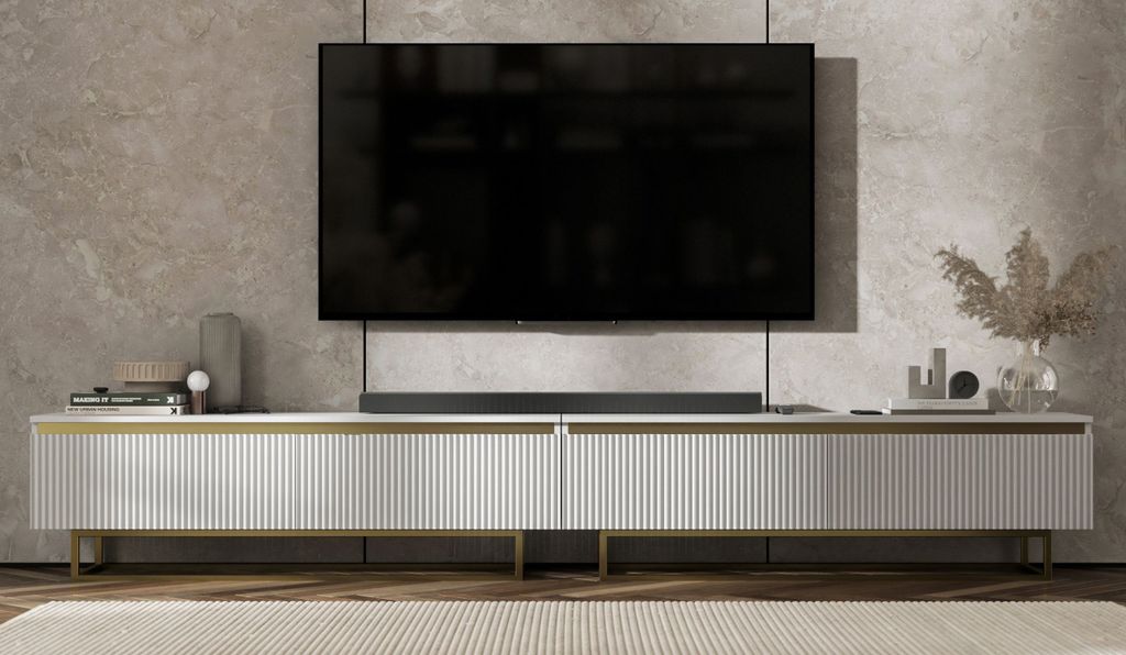 TV-Ständerschrank SELENE von Lindner Möbel – viertürig – 280 x 44 x 35 cm - Farbe: Weiß matt - Italienische Tiefmattfolie