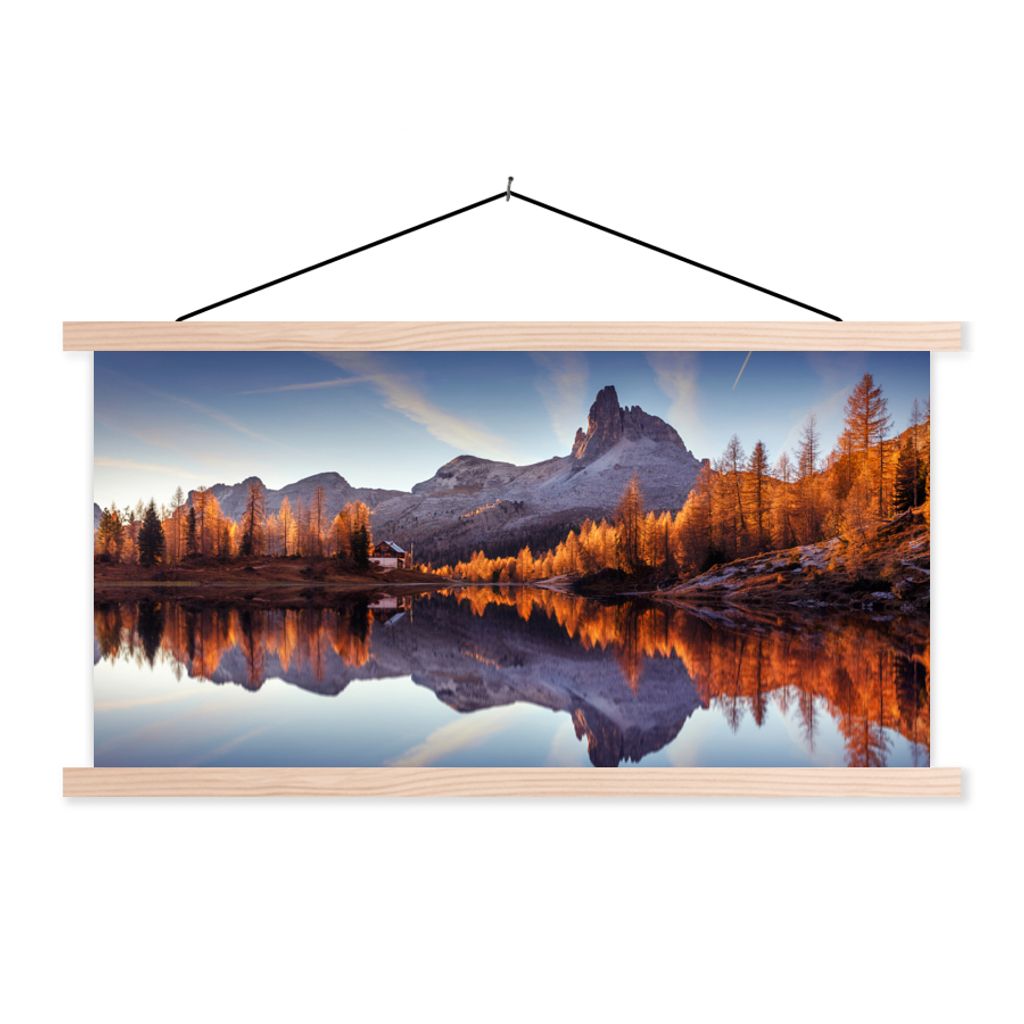 MuchoWow Textilposter Berge - Bäume - Herbst - See - Natur 120x60 cm mit holzfarbenen Rahmen - Klemmleiste