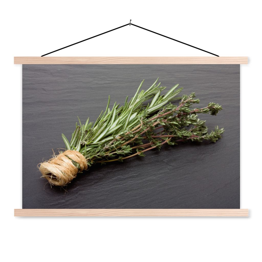 MuchoWow Textilposter Thymian - Kräuter - Grün - Tisch - Küche - Stein 120x80 cm mit holzfarbenen Rahmen - Aufhängeset