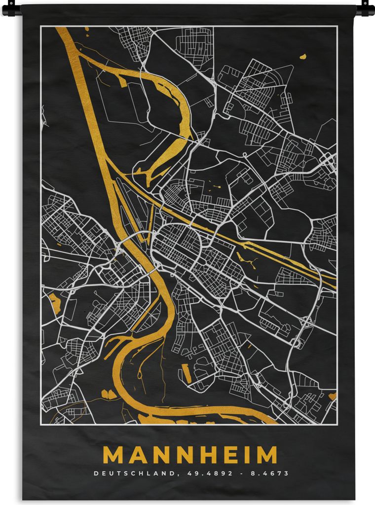 MuchoWow Wandteppich Wandbehang Mannheim - Gold - Karte - Deutschland 90x135 cm Tapisserie Dekoration Wandtuch - Baumwolle - Wandskulptur