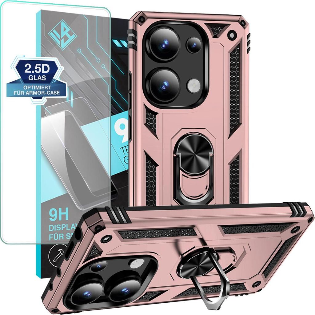 Armor Outdoor Handyhülle für Xiaomi Redmi Note 13 Pro Handy Panzer Case Schutzhülle mit 9H Displayglas Displayschutz Farbe: Rosegold