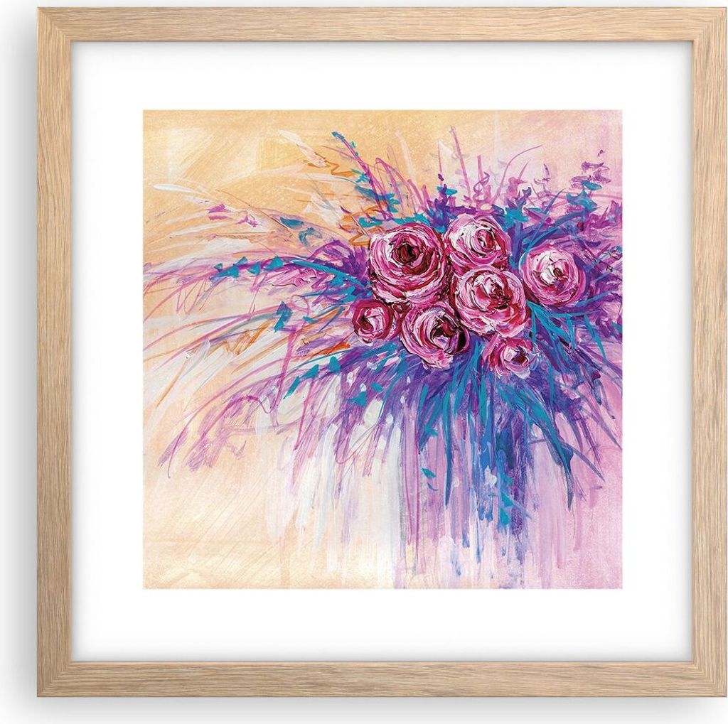 Gerahmtes Poster - Rahmen in heller Eiche - Blumenstrauß Blumen Rosen - 30x30 cm - Wand Bild - Wanddeko - Wandbilder - Kunstposter - Wandposter - ...