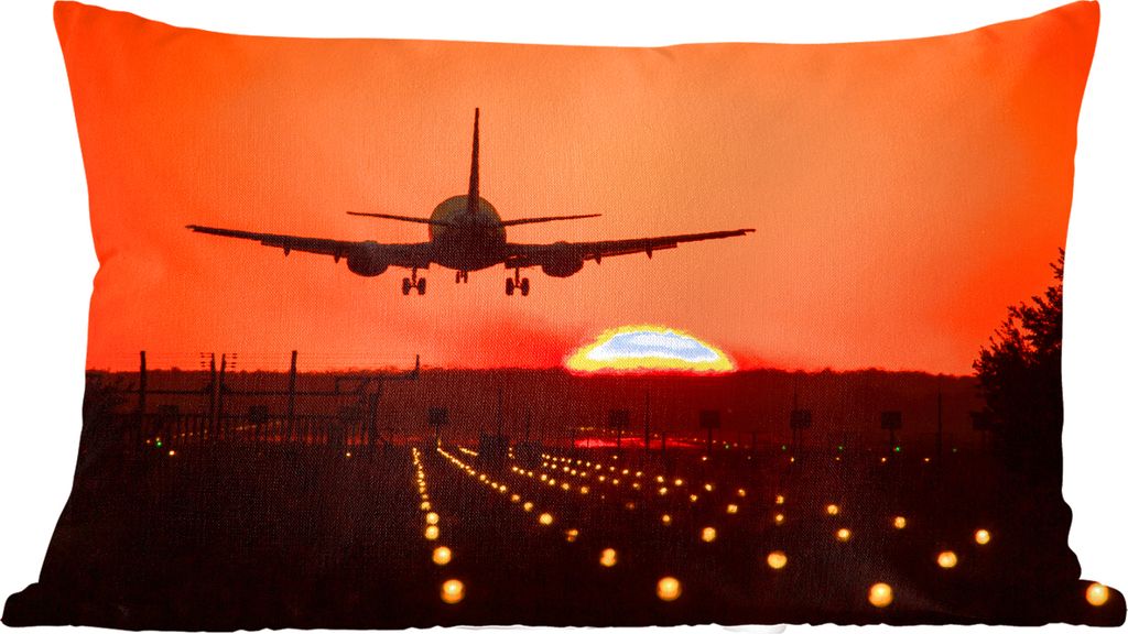 MuchoWow Zierkissen Sofakissen Wohnzimmer Dekokissen 50x30 cm Sonnenuntergang - Flugzeug - Orange - Sonne - Wohnzimmerdekoration - Polster mit Photo