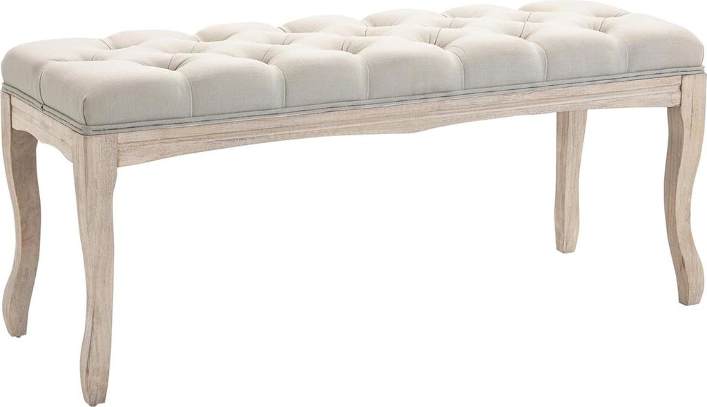 Gestoffierte Bank für Schlafzimmer und Wohnzimmer - Vintage Schuhebank aus Leinen in Beige 110x38x49 cm