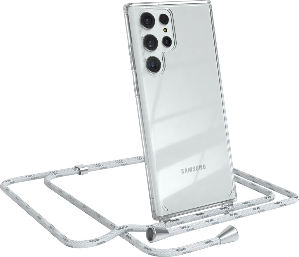 EAZY CASE Handykette kompatibel mit Samsung Galaxy S22 Ultra 5G, Handyhülle mit Umhängeband, Handykordel, Schutzhülle Clear, Band in Weiß