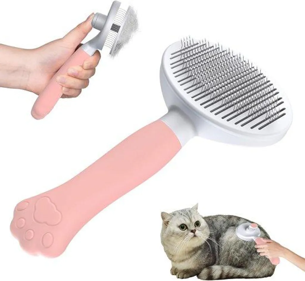 Brosse ergonomique poils de chat et chien rose avec autonettoyage clic