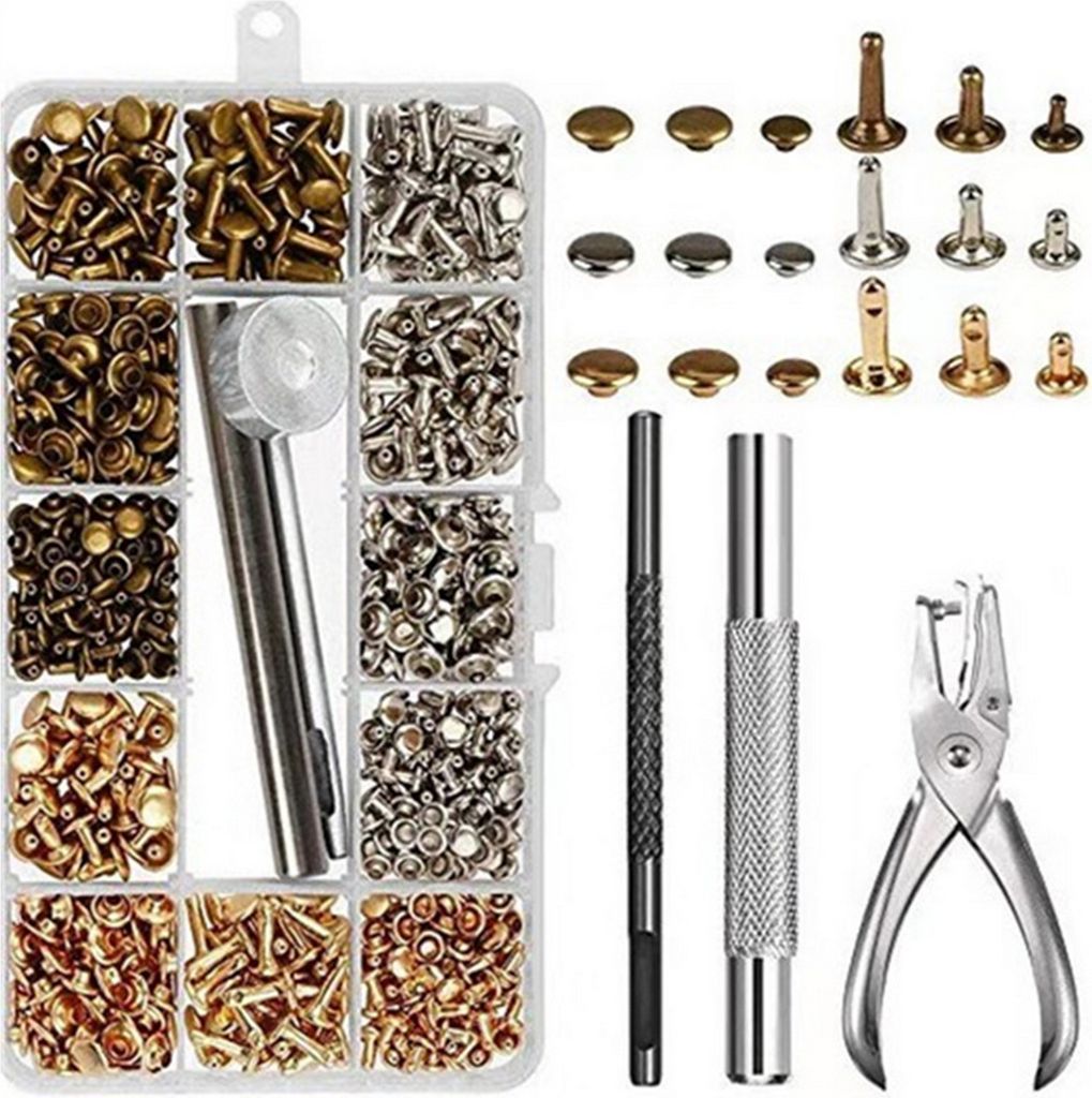 300 Saetze Ledernieten Double Cap Rivet Rohrmetallbolzen mit Stanzzange Befestigungsset Werkzeuge fuer DIY Lederhandwerk