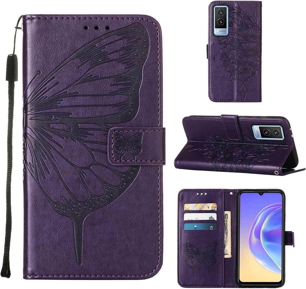 VIVO V21E 5G Hülle, Schmetterling Prägung Flip Leder Kartenfächer Schutzhülle Ledertasche mit Ständer für VIVO V21E 5G Lila