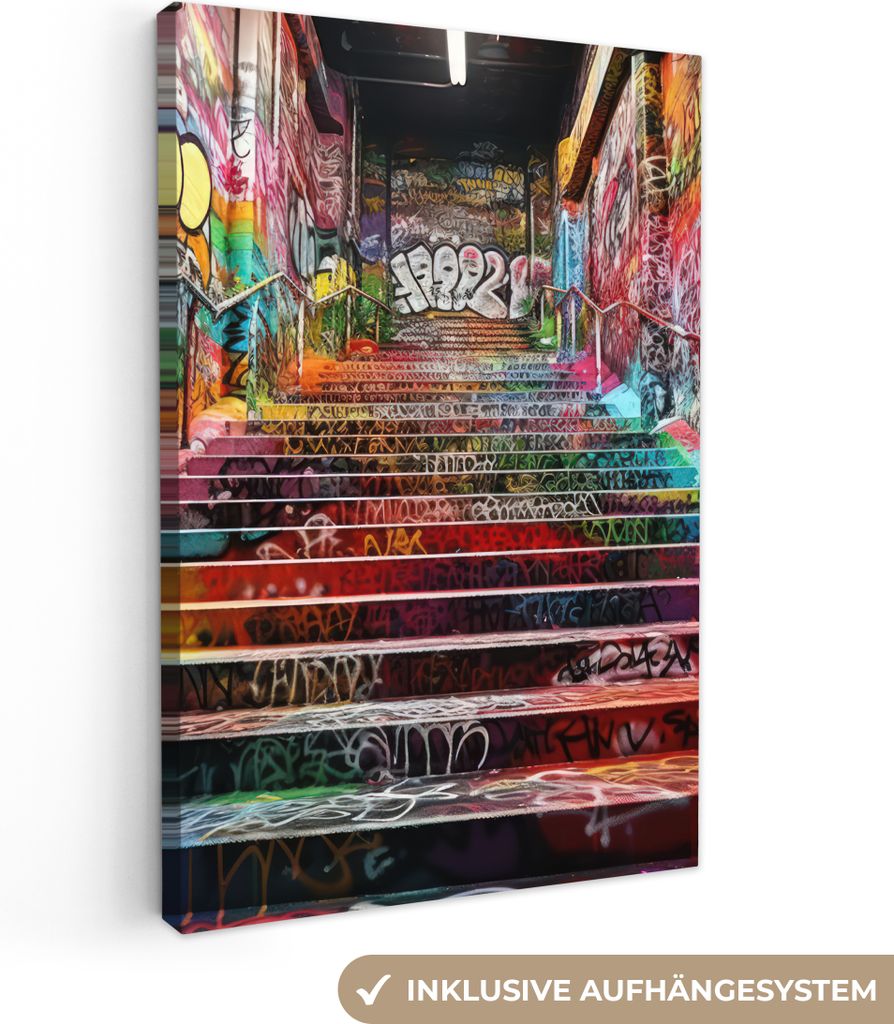 Leinwandbilder 20x30 cm - Graffiti - Treppe - Farben - Kunst, Bilder Wohnzimmer Modern, Wanddeko