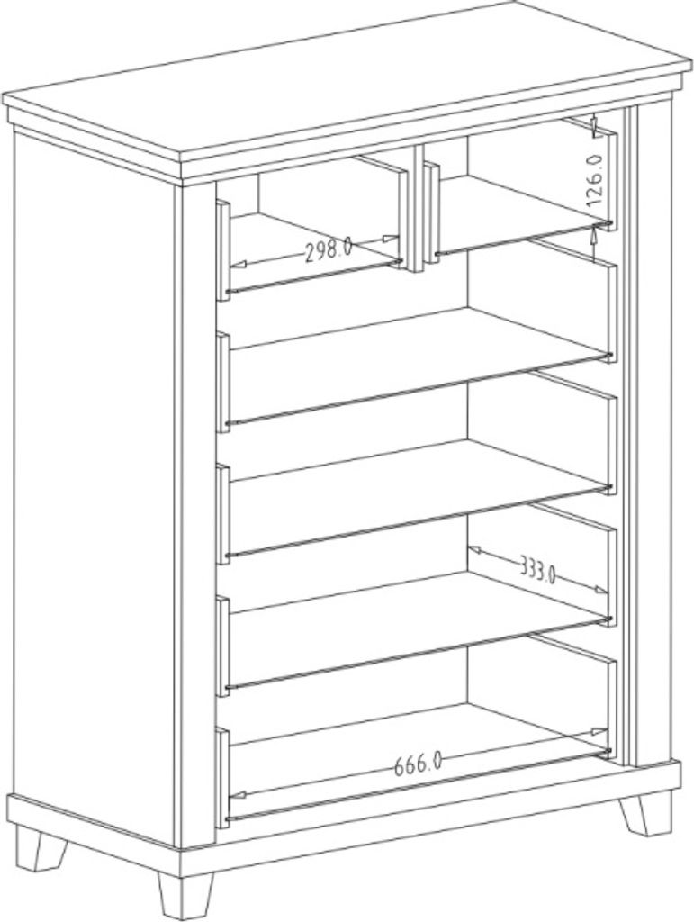 A line drawing of a chest of drawers with dimensions indicated.