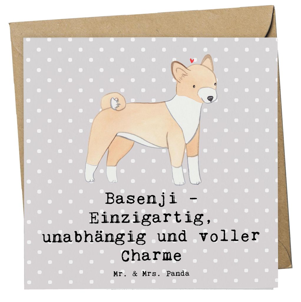 Mr. & Mrs. Panda Grußkarte Basenji Charme - Grau Pastell - Geschenk, Glückwunschkarte, Hunderassen Beschreibung, Eigenschaften, faltkarte, Klappk...