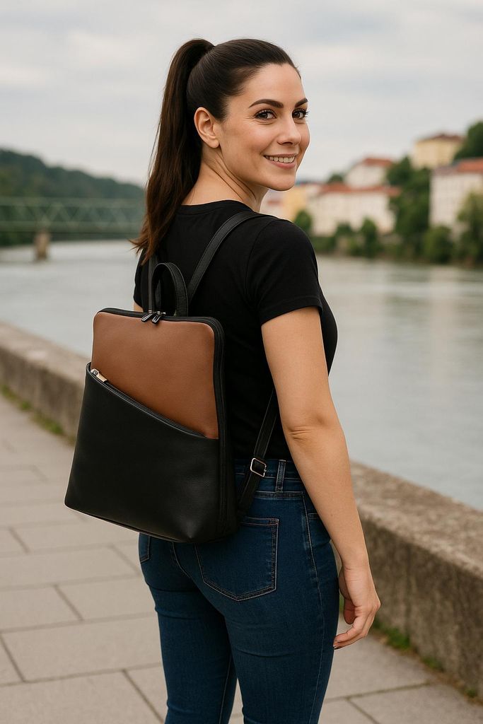C1072 Cinino Lederrucksack Schwarz/Cognac