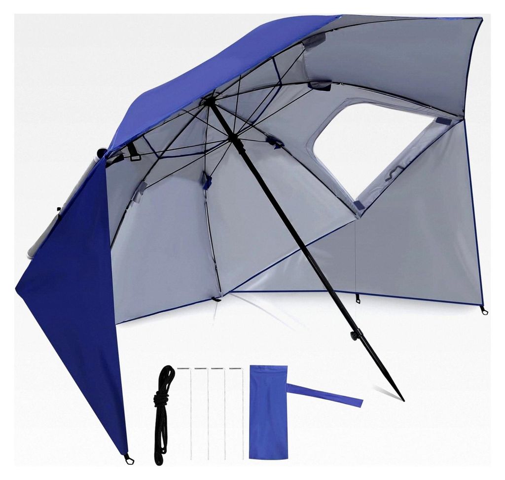 Sonnenschirm 2 in 1 Alu Ampelschirm mit UV-Schutz 50, 210x220cm, faltbare Strandmuschel für Garten und Strand, mit Fenster und Tragetasche