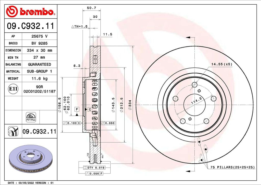 BREMBO Bremsscheibe 09.C932.11 für LEXUS IS II (GSE2_ ALE2_ USE2_) 51mm