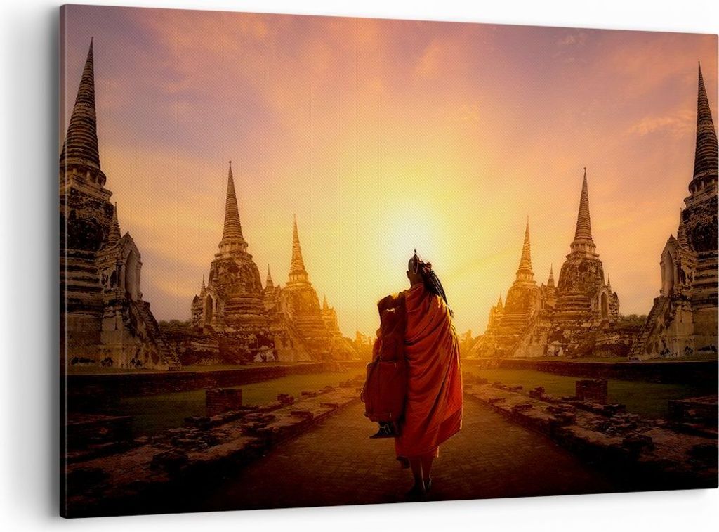 Bild auf Leinwand - Leinwandbild - Tempel Mönch - 120x80cm - Wand Bild - Wanddeko - Wandbilder - Leinwanddruck - Bilder - Kunstdruck - Wanddekorat...
