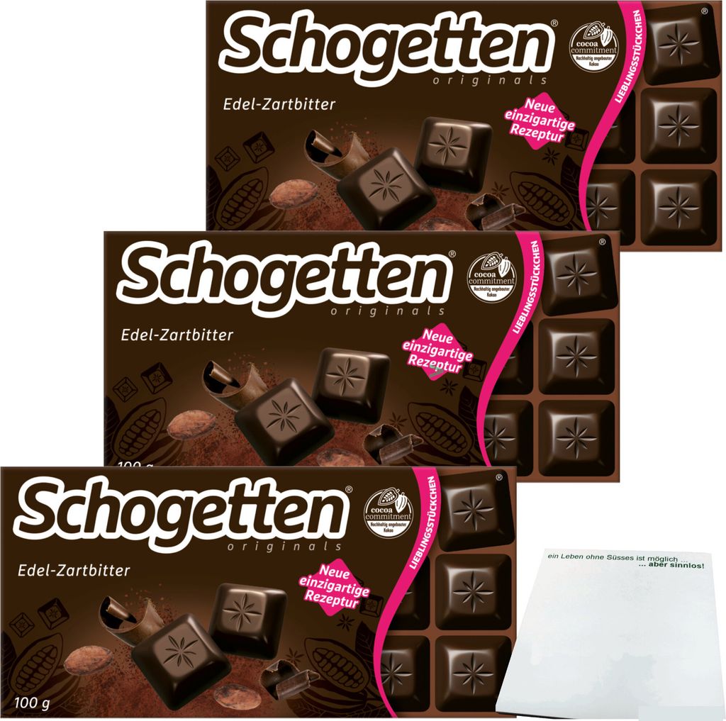 Schogetten Edel Zartbitter Schokolade 50% Kakao 3er Pack (3x100g Packung) + usy Block
