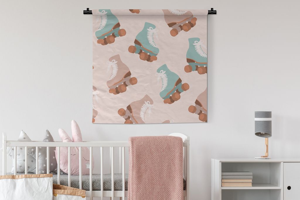 MuchoWow Wandteppich Wandbehang Sommer - Rollerblades - Blau - Rosa 90x90 cm Tapisserie Dekoration Wandtuch - Wandaufhänger