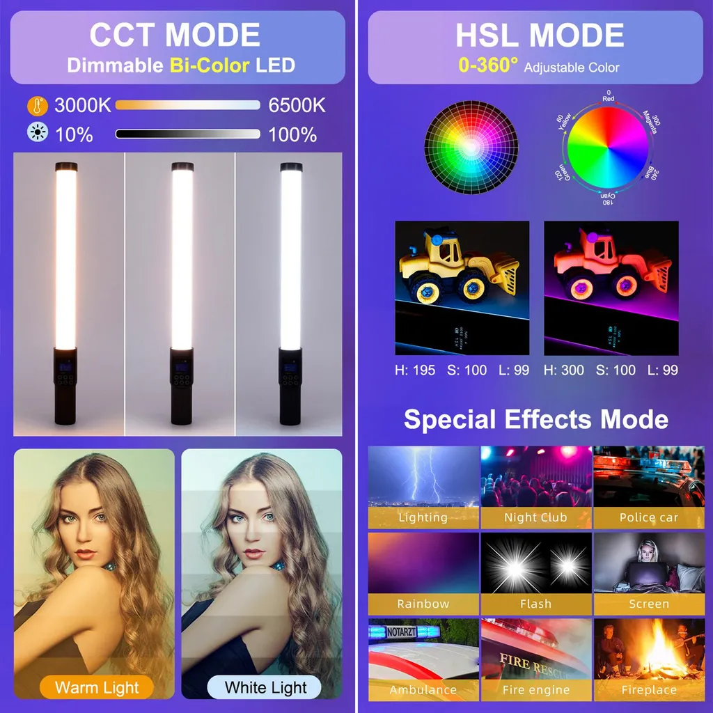 Barre vidéo LED multicolore à intensité réglable pour studio photo