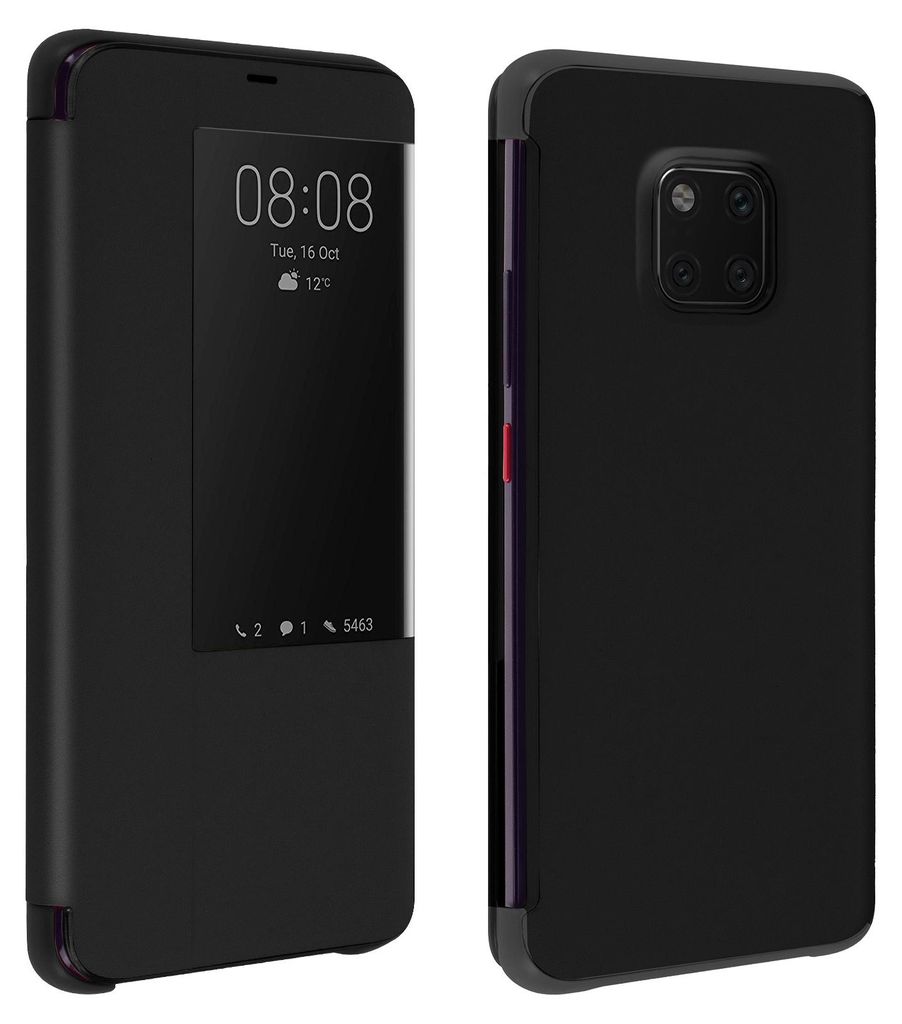 A black flip cover case for a Huawei Mate 20 Pro is shown from two angles, front and back.