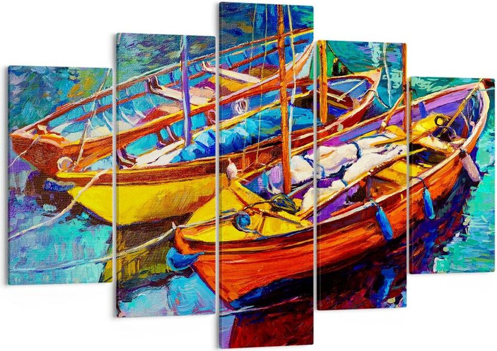 Bild auf Leinwand - Leinwandbild - Boote Bunt Angeln Wasser - 150x100cm - Wand Bild - Wanddeko - Leinwanddruck - Bilder - Kunstdruck - Wanddekorati...