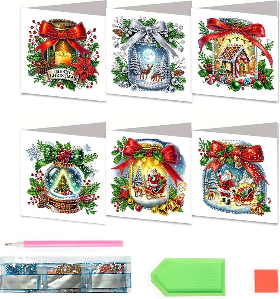 6-teiliges Set zum Selbermachen von Strass-Kunst-Malkarten, Weihnachtsgrußkarten-Bastelset mit Umschlägen, 5D-Strassmalerei mit Schneemann, Katze...