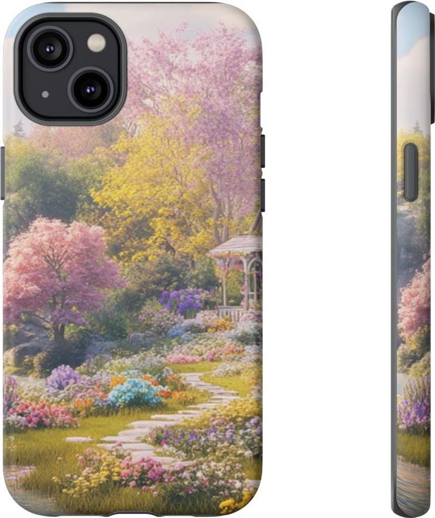 Blühender Blumengarten mit Wasserfall – Hülle Kompatibel mit iPhone 14 Plus