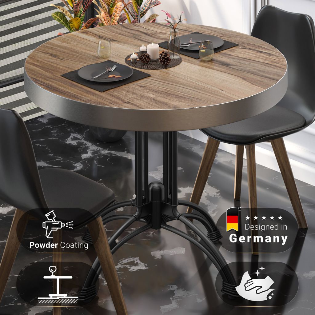 BMLG | Bistro Tisch | Ø 70 x 77 cm | Rund | Edelstahl Rand | Sheesham / Schwarz | Bistrotisch Gastro Tisch
