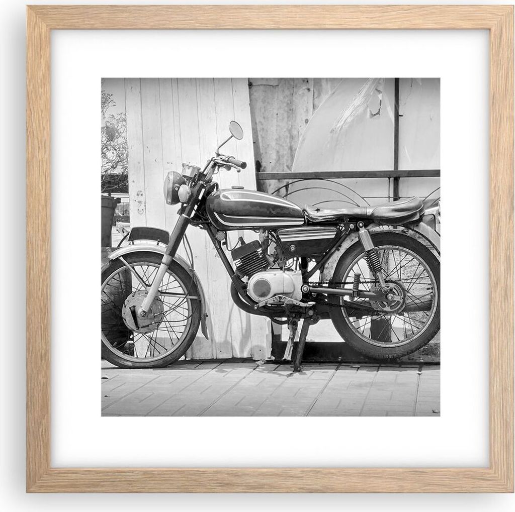 Gerahmtes Poster - Rahmen in heller Eiche - Alt Motorrad Schwarz und Weiß - 30x30 cm - Wand Bild - Wanddeko - Wandbilder - Kunstposter - Wandposte...
