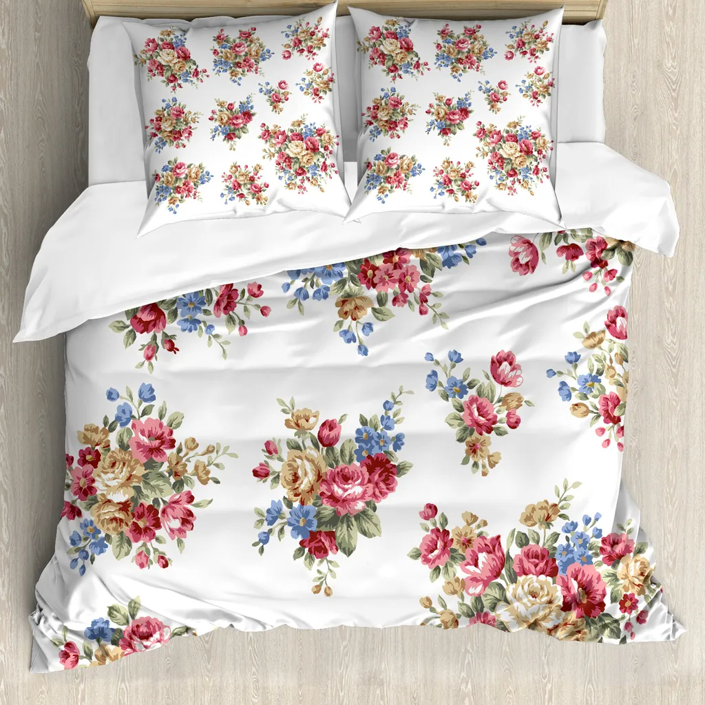 ABAKUHAUS Copripiumino con fiori, Romanze Liebe Hochzeit, antiacaro, adatto a chi soffre di allergie, con federe, 200 cm x 200 cm - 80 x 80 cm, blu corallo scuro e marrone chiaro