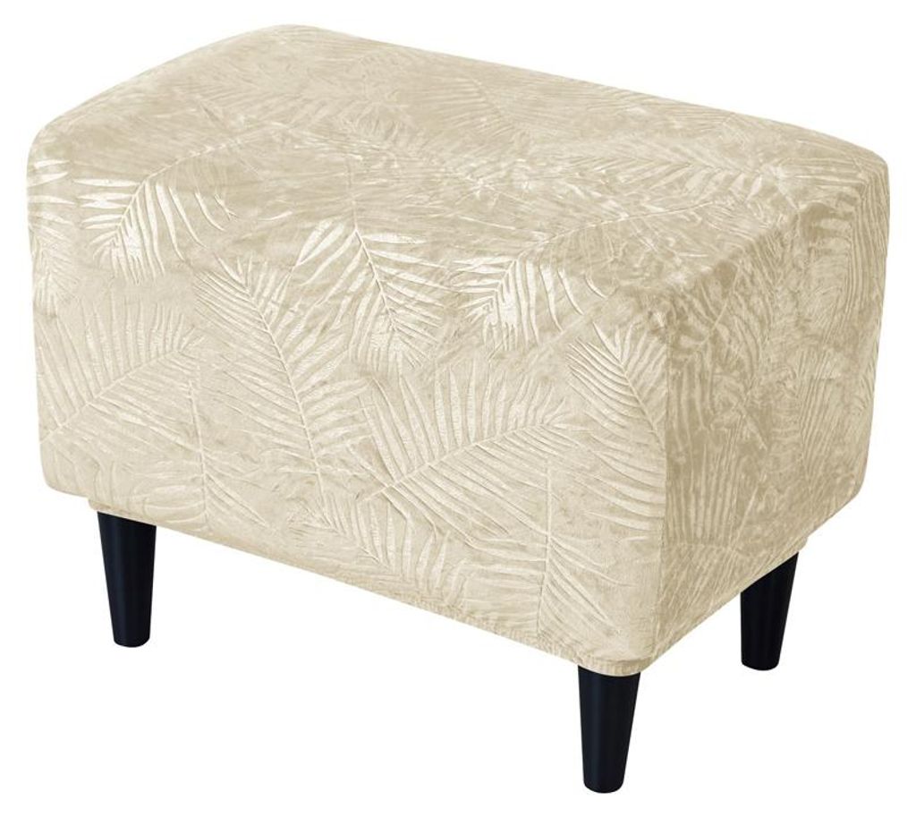 Hockerbezug / Poufbezug für Fußhocker und Pouf – Creme, Premium Velours, geprägtes Palmenblatt-Muster, weich, elastisch, passgenauer Schutzbezug