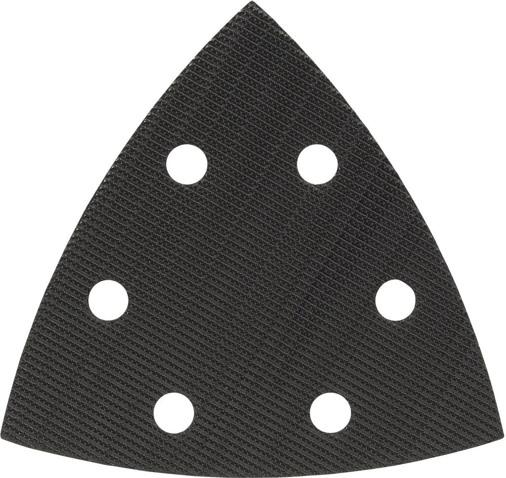 A black triangular sanding pad with six circular holes.