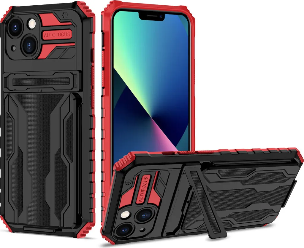 Custodia per iPhone 14, custodia ibrida di protezione rugged con portacarte e supporto rosso