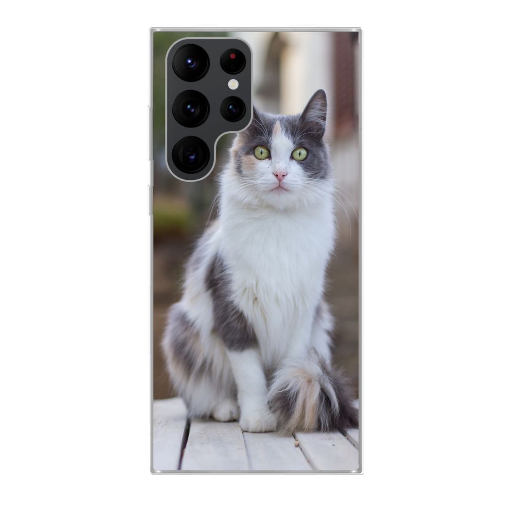 MuchoWow Handyhülle Schutzhülle Hülle für Samsung Galaxy S22 Ultra Katze - Porträt - Tisch - Mädchen - Kinder - Jungen Silikon Softcase Han...