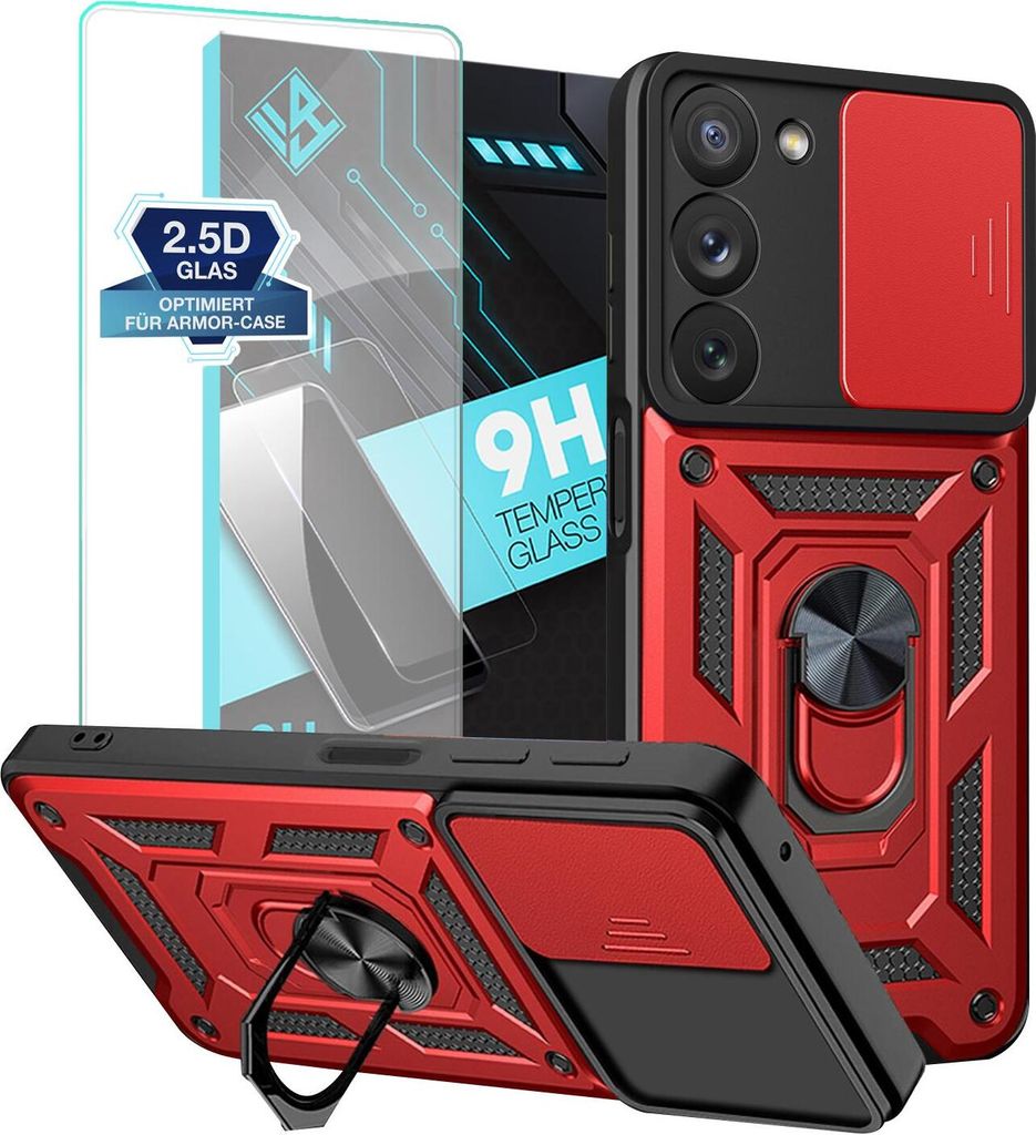 Armor Handyhülle für Samsung Galaxy S23 mit 9H Displayglas Displayschutz Kameraschutz Handy Panzer Case Cover Schutzhülle Outdoor Farbe: Rot