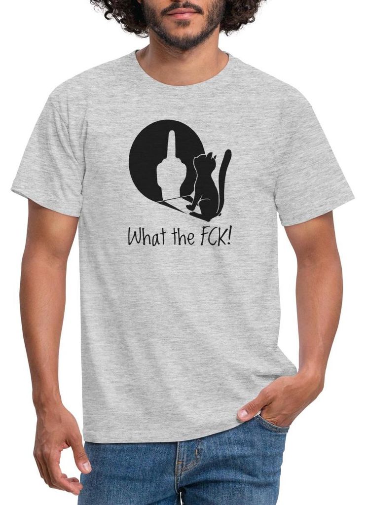 Spreadshirt What The Fck | Katze Mit Schatten Männer T-Shirt, XL, Grau meliert