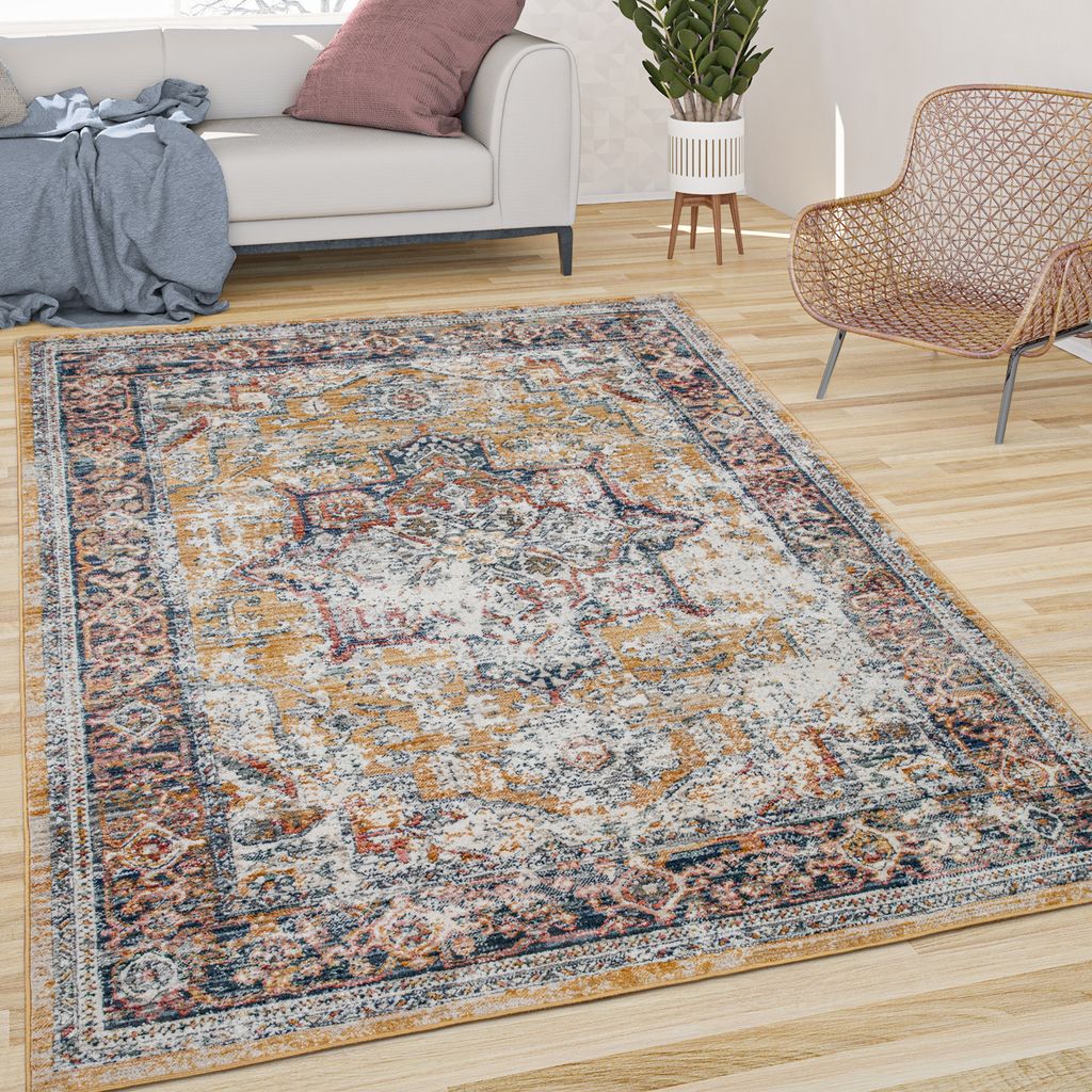 Teppich Wohnzimmer Kurzflor Vintage Orient Muster Ornamente Mit Bordüre Gelb Blau Grösse 120x170 cm