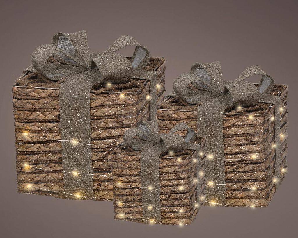 Geschenkset mit Jute und LED-Leuchten - 3 Stück mit Zeitschaltuhr, 30 cm hoch