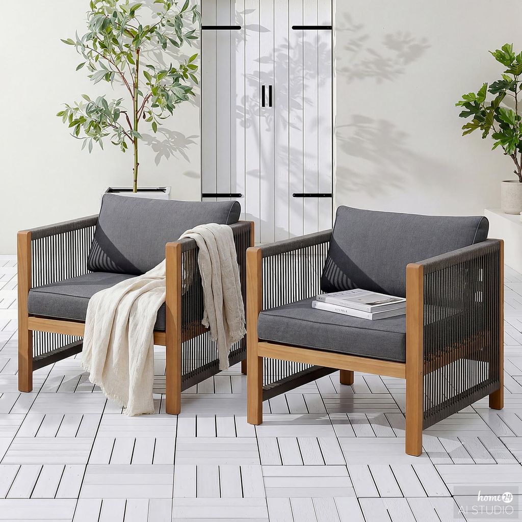 home24 Loungesessel - 2er-Set - Akazie massiv / Polyester - Produktbild 