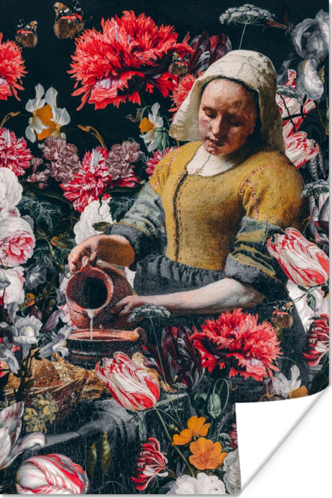 MuchoWow Poster Milchmädchen - Johannes Vermeer - Blumen - Rosa 80x120 cm - Papierdruck