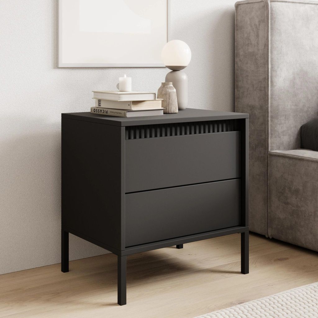 Nachttisch Nachtkommode FERRATO 54 cm Schwarz Riffelung Produktbild 