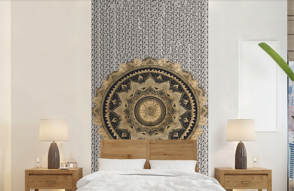 MuchoWow Fototapete für Wohnzimmer oder Schlafzimmer Wandtapete Vinyl Motivtapete Mandala - Blume - Gold - Luxus - Bohème - 120x240 cm - Hinter...