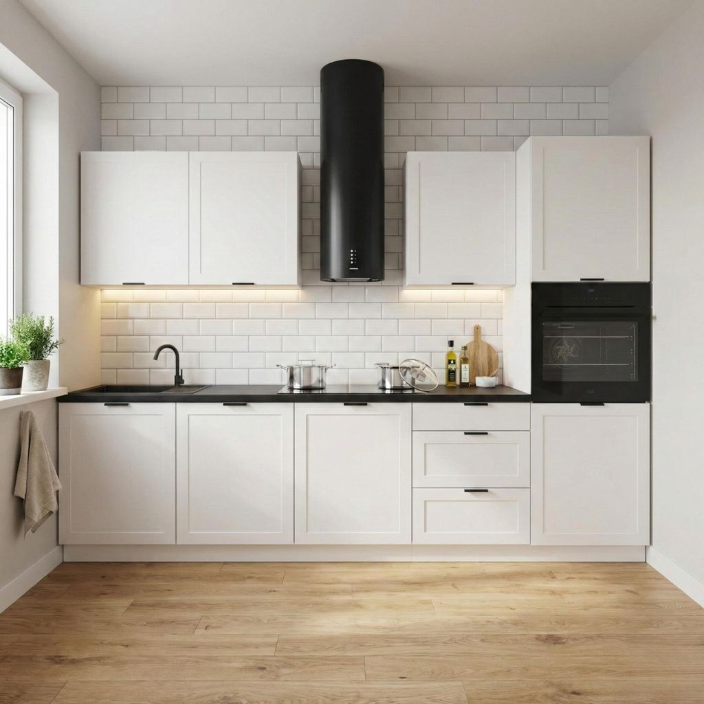 Küchenzeile 300 cm - mit schwarzer Arbeitsplatte - Weiß Matt - mit Hängeschränke und Unterschränke - mit Soft-Close - Aluminiumgriffe - ADELE