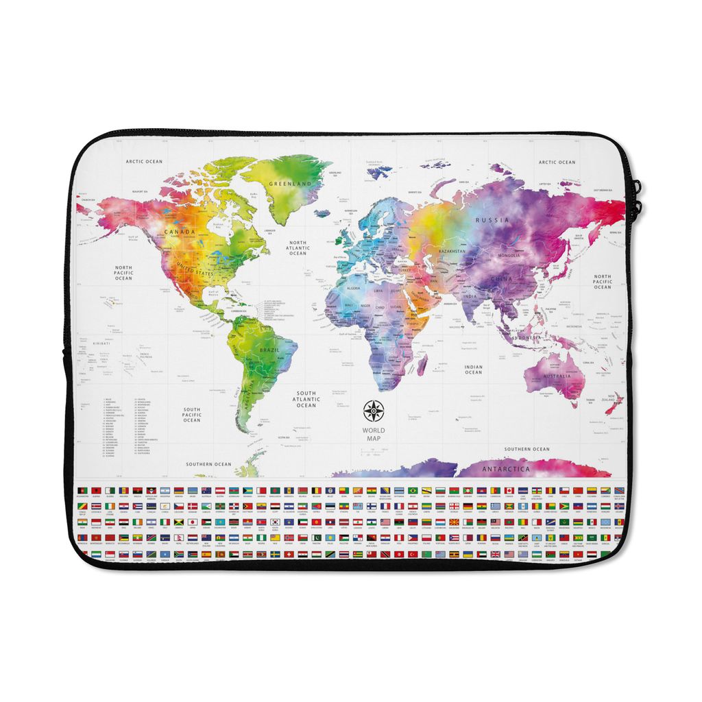 MuchoWow Laptop Hülle 17 Zoll Laptoptasche Weltkarte - Aquarell - Regenbogen - Flagge - Zipper - Schutzabdeckung