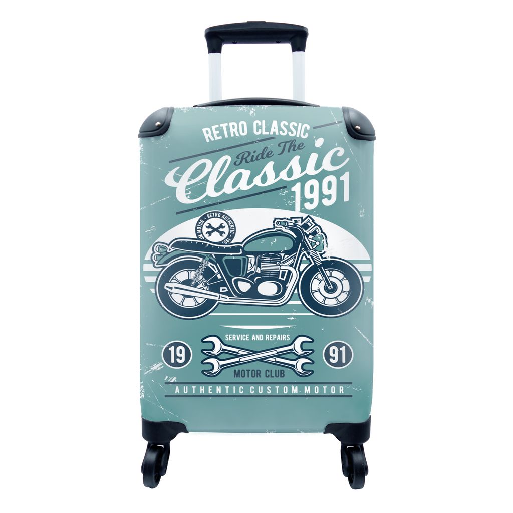 MuchoWow Koffer Handgepäck Trolley Rollkoffer Kleine Reisekoffer mit 4 Rollen - Motorrad - Werkzeuge - Vintage - Zeichnung - Cabin Size < 55x40x...