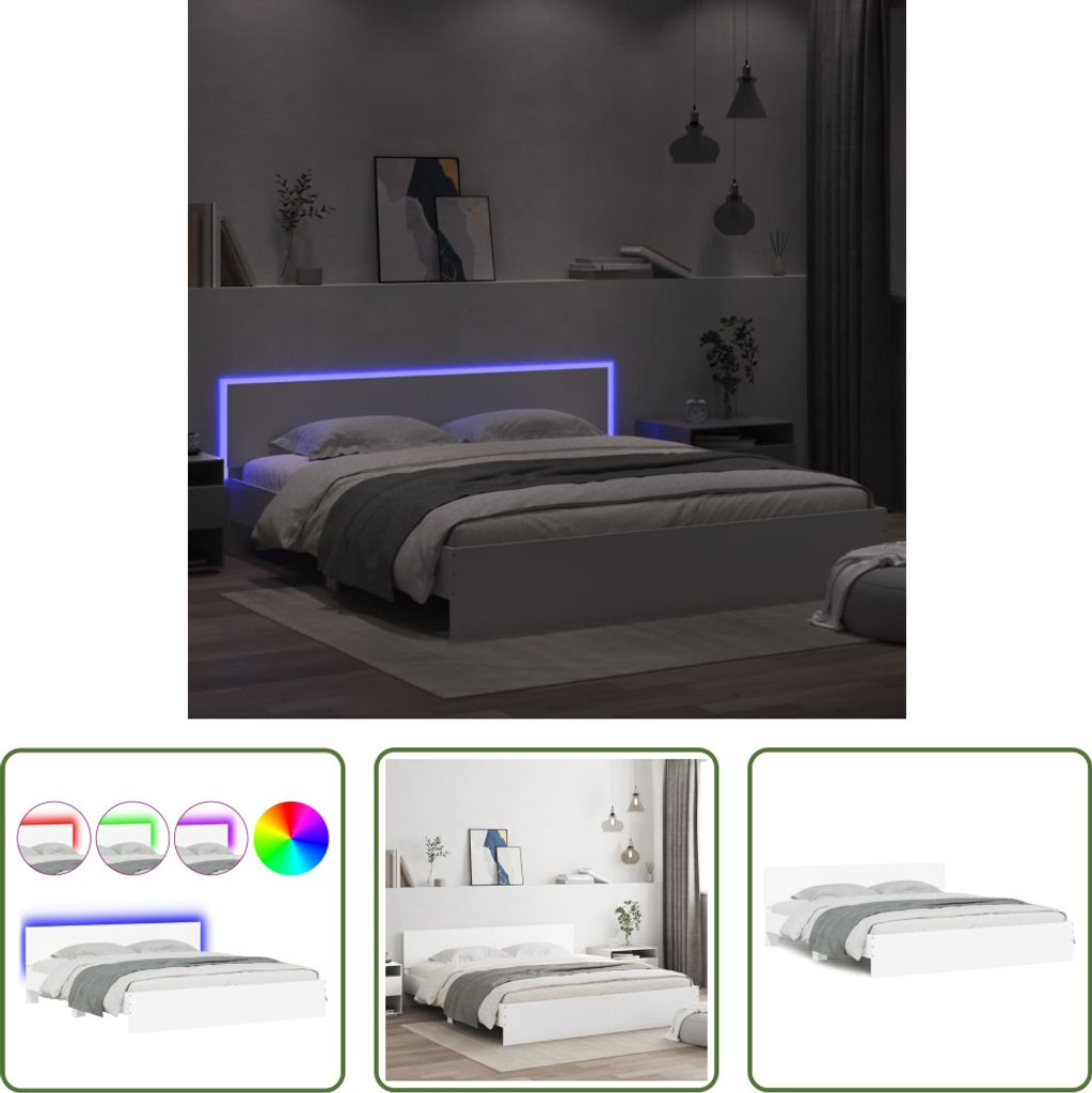 The Living Store Bettgestell mit Kopfteil und LED-Beleuchtung Weiß 200x200 cm