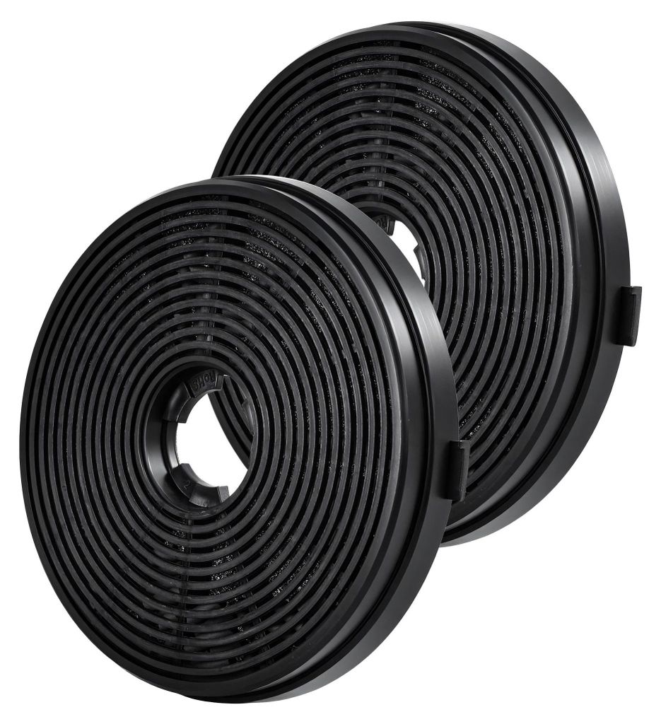 Two black circular carbon filters are shown against a white background.